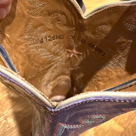 Lucchese Tan Ostrich Foot Purple Embroidered Shaft Western Boots - Picture 5 of 7